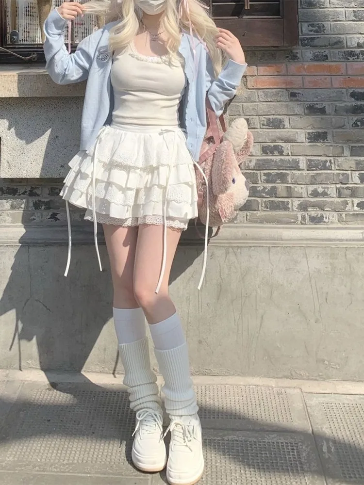 

Ballet Style White Cake Skirt Summer 2024 Skirts Women's Summer Bow Miniskirt Lace Party Japanese Lolita High Waist Mini Dress