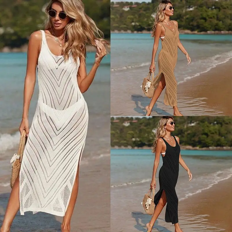 2024 New American Style Knitting Crochet Sandy Beach Smock Sexy Hollow Solid Color on Vacation V-neck Sleeveless Vest Dress