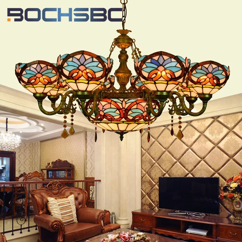 

BOCHSBC Tiffany style Stained glass Retro Love Baroque multi-head Crystal Pendant lamp Living Room Dining Room Hotel LED decor