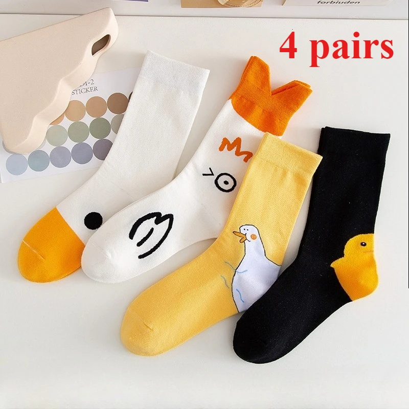 

2/4 Double Cartoon Duck Women's Cute Mid Tube Cotton Socks Aesthetic Fun Socks Kawaii Cartoon Spring/Summer Round Neck Socks