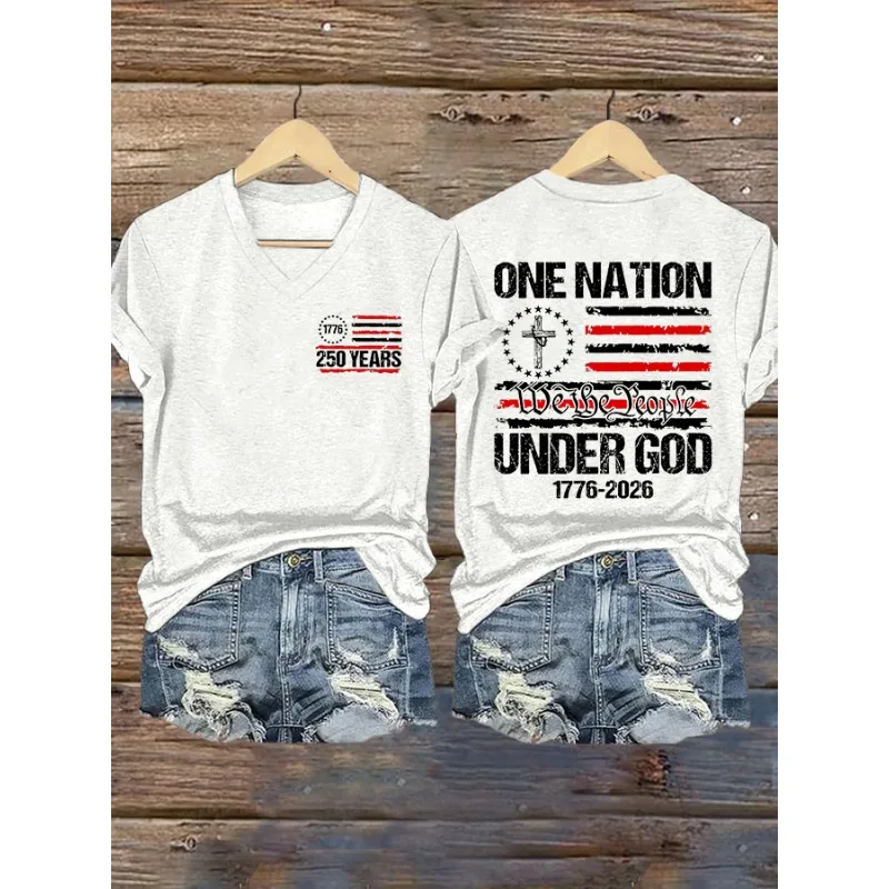 250 Years of Freedom 1776 Festival Under God Women's  Print T-Shirts Summer O Neck Tops Short Sleeve Casual Tees  Us Flag