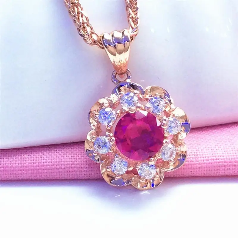 

585 purple gold plated 14K rose gold inlaid ruby flowers pendant neckalce for woman luxury glamour engagement wedding jewelry