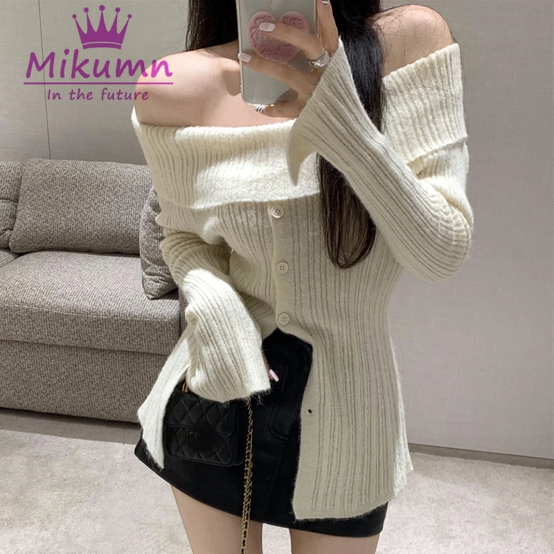 Mikumn Women Autumn Knitted Sweater Korean Fashion Slash Neck Off Shoulder Long Sleeve Jumper Sexy Slim Single Breasted Knitwear