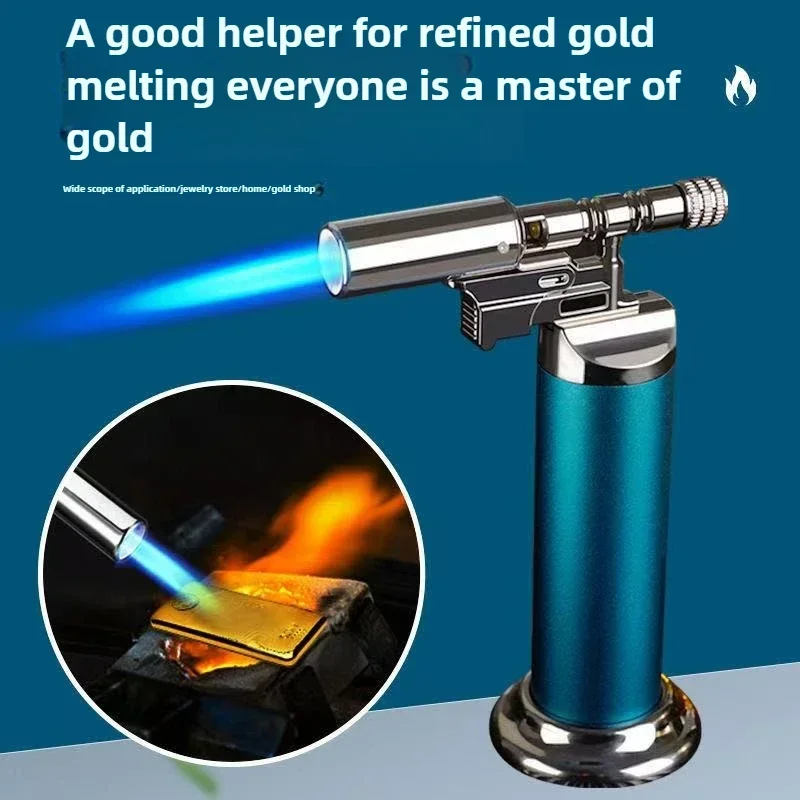 Outdoor Barbecue Kitchen Cooking Butane Fillable Metal Welding Gun,Powerful Firepower Windproof Blue Flame Inflatable Lighter