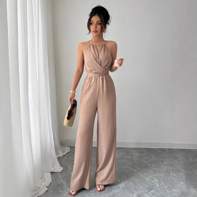 Summer Casual Khaki Ruched Off Shoulder Beaded Belt Button Tie Long Jumpsuit Women