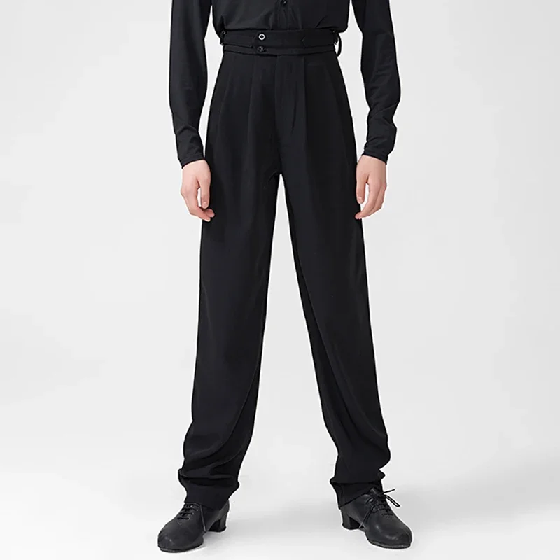 Spodnie do tańca latynoamerykańskiego męskie, luźne, z wysokim stanem, czarne spodnie do tańca latynoamerykańskiego dla dorosłych, odzież na zawody tańca towarzyskiego Cha Cha