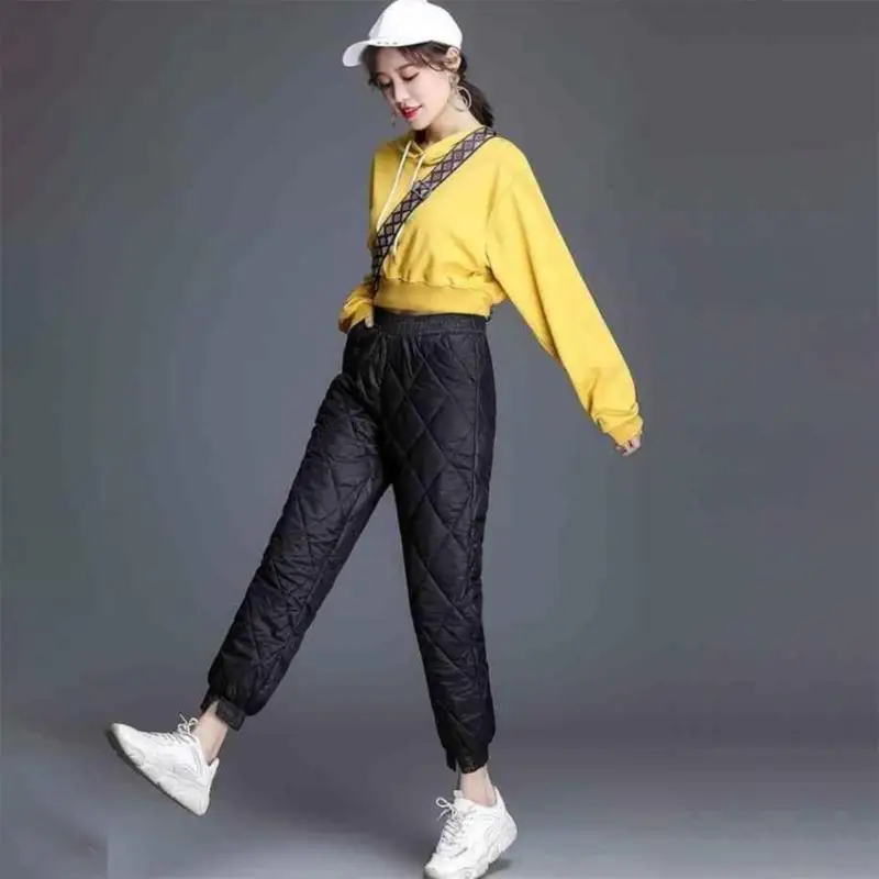 652F Winter Thick Warm Elastic Waist Sweatpants with Pockets for Women Thermals Puffers Down Cotton Quilted Padded Pants