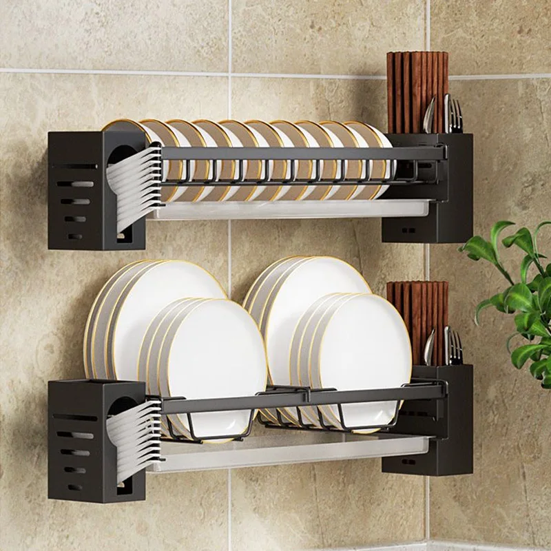 

Dish Drying Rack Kitchen Wall Mount Bowl Plate Organizer with Drainboard Cutlery Storage Shelf Stainless Steel Dish Drain Holder