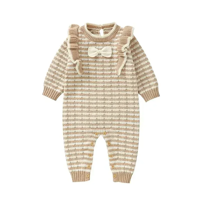 

Autumn Winter Newborn Girl Baby Fashion Bow Flounce Knitted One-piece Infant Knit Striped Casual Jumpsuit Kids Knitting Romper