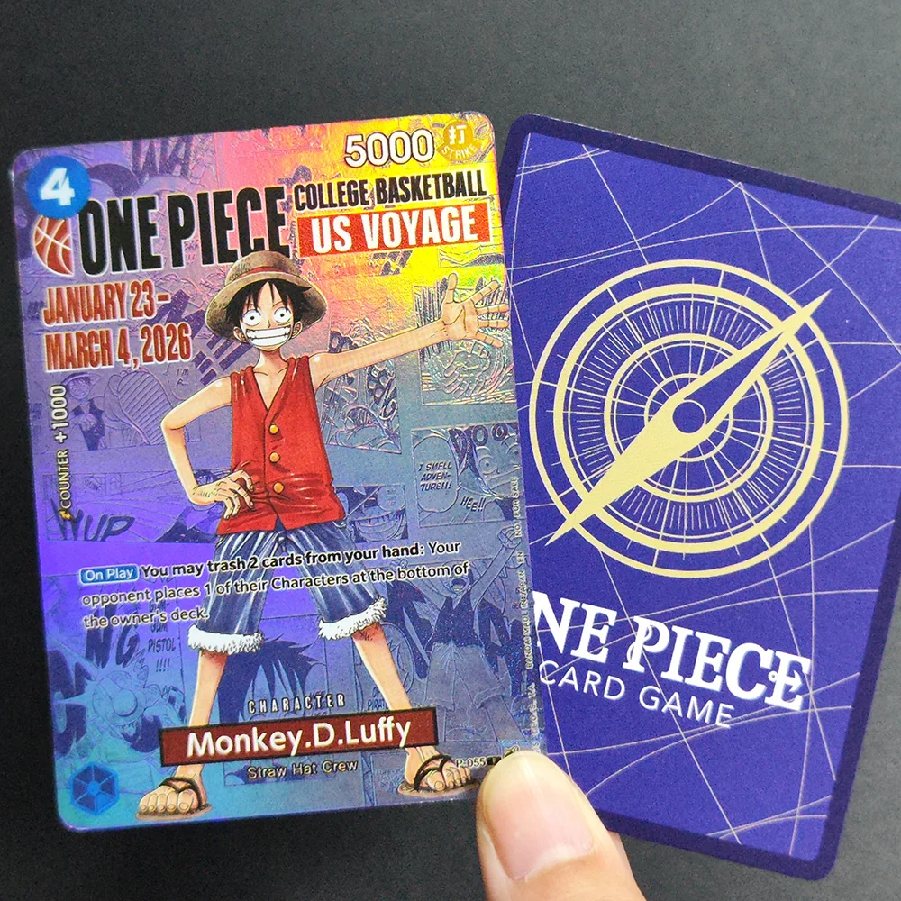DIY Proxy One Piece OPCG English P-055 Monkey.D.Luffy Limited Edition College Basketball US Voyage Game Textured Foil Card Toy