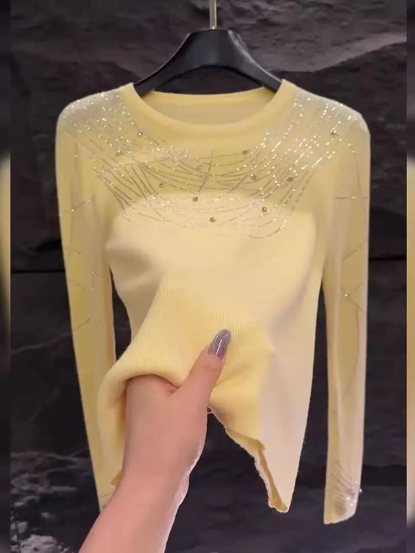 Sweater Rajut Mewah Bertabur Kristal Berkilau untuk Wanita, Musim Gugur Musim Dingin, Kerah Bulat, Warna Kuning, Atasan Rajut, Pullover