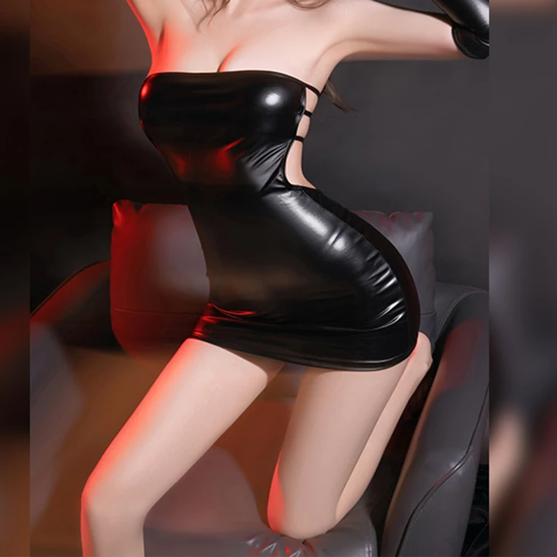 

Sexy queen strapless patent leather uniform seductive lingerie jumpsuit tight fitting outfit nightclub trampoline women's suit