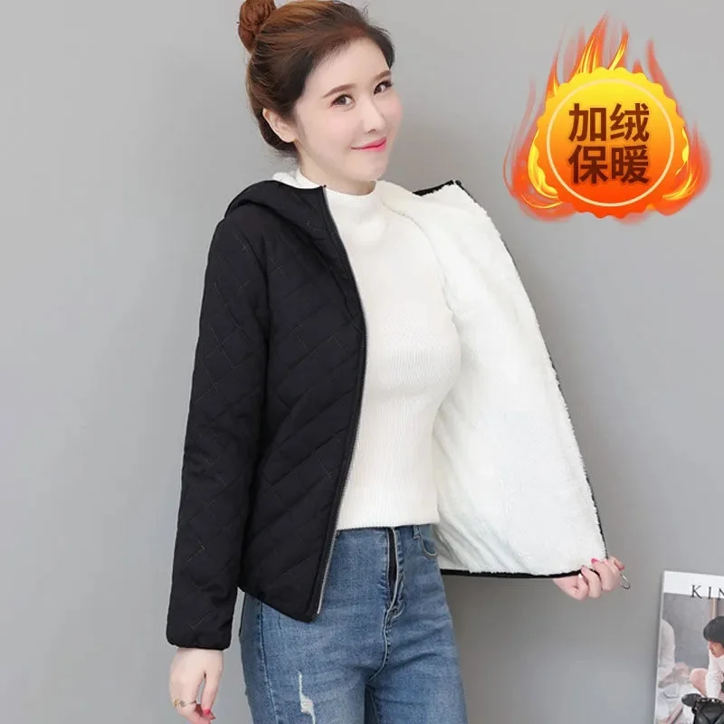 2024 Autumn Winter New Down Cotton-Padded Jacket Women Short Add Cashmere Lamb Warm Cotton Padded Coat Joker Hooded Outwear Lady