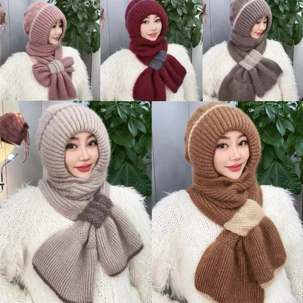 Patchwork Design Knitted Hat Scarf Set Fleece Lined Windproof Balaclava Neck Warmer All In One Thick Knit