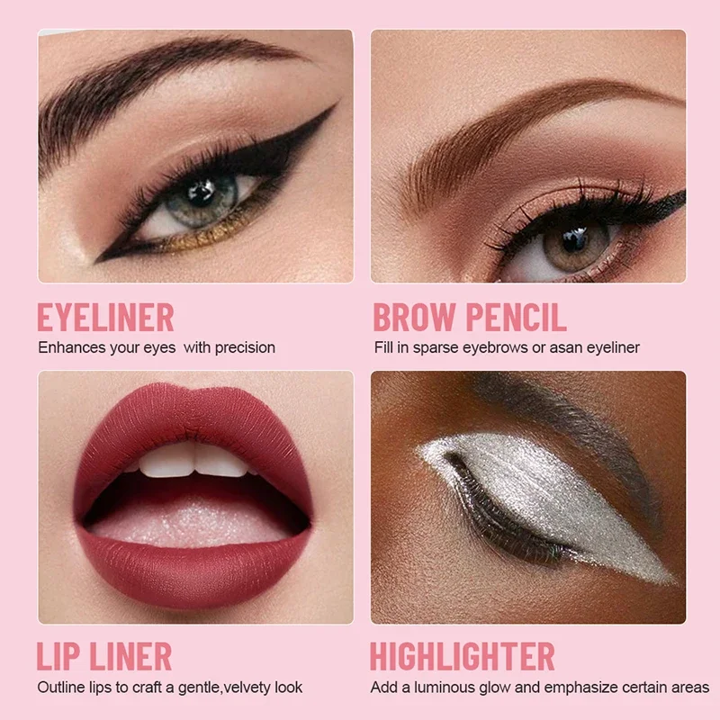 Penna per trucco multifunzione 4 in 1, eyeliner da viaggio compatto, matita per labbra, matita per sopracciglia, penna per ombretto evidenziatore