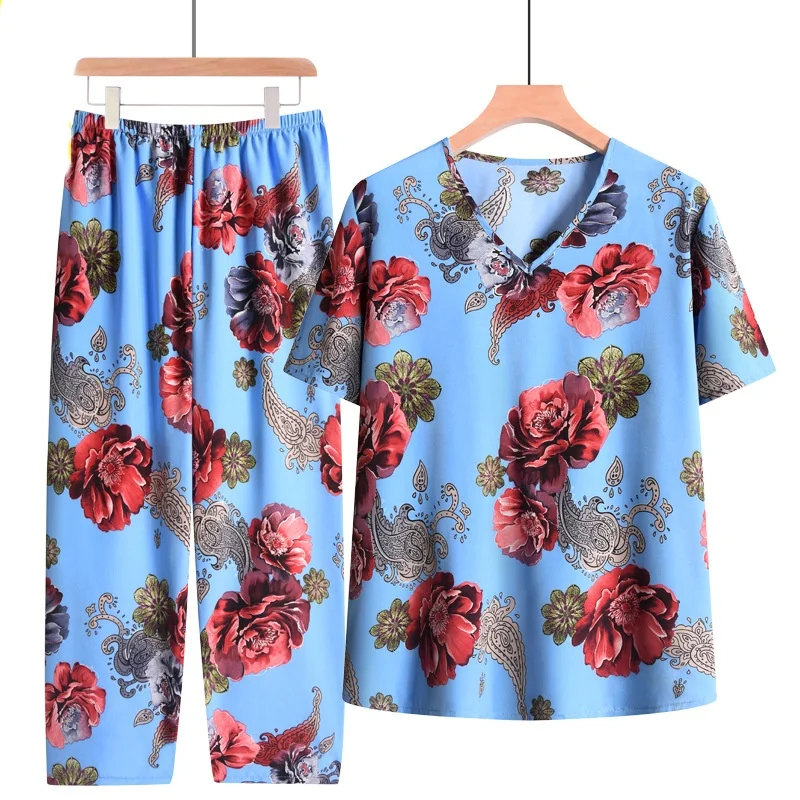 Summer Pajama Sets Women's Home Clothes Short Sleeve Sleepwear Floral Two-piece Middle Aged Mother Pijama Mujer Outside Wear