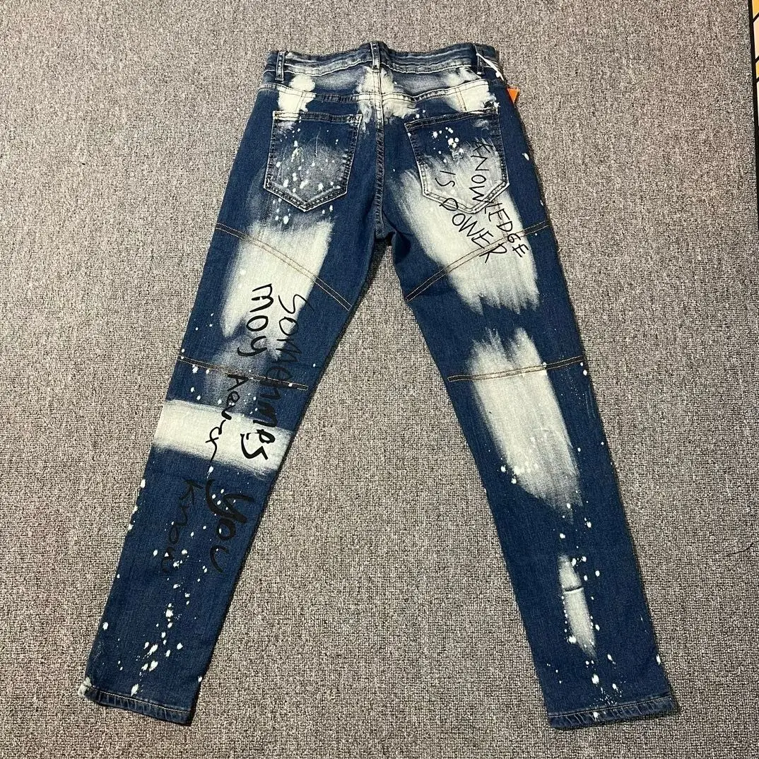 European and American Trendy Men's New Denim Trousers with Patches, Washed, Splashed Ink, Slim Fit, Elastic and Ripped Holes.