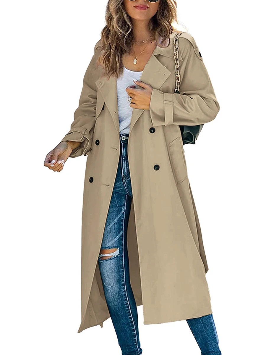 Women Classic Long Trench Coat Solid Color Double-Breasted Lapel Long Sleeve Windproof Overcoat with Belt Baggy Streetwear