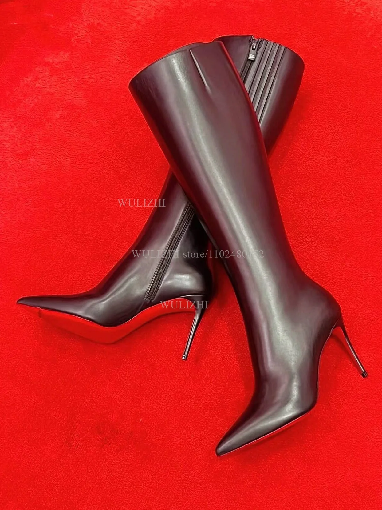 

Calf Black Matte Skinny Leather Knee Boots Women Pointed Toe Stiletto Side Zipper Non-Elastic Red Spring Shoes Casual Work Party