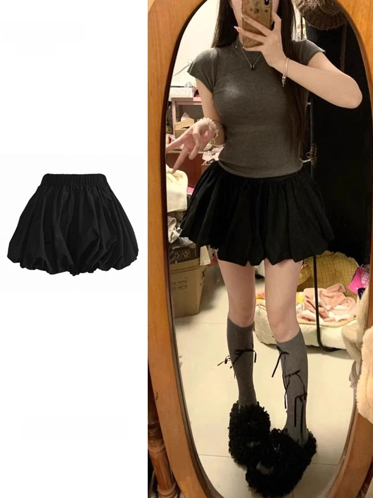 Black Cloud Flower Bud Pants Skirt Women's Summer High Waist Pumpkin Puffy Pants A-Line Casual Bubble Lantern Shorts
