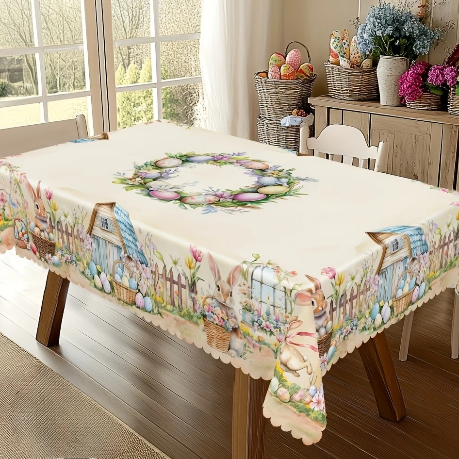 Easter Bunny Eggs Tulip Waterproof Tablecloth Easter Decorations Spring Farmhouse Flowers Plants Table Cloth Holiday Party Decor