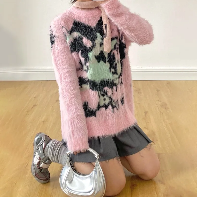 Karrram Japanese Y2k Pink Sweater Vintage Harajuku Knitted Pullover 2000s Aesthetic Kawaii Oversized Knitwear Mohair Cute Lolita