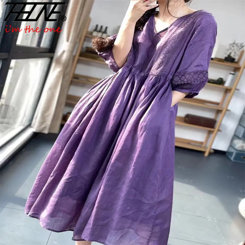 Vestido Feminino Oversized Fashion Vintage Purple Dress Woman Summer Korea Casual Loose Cotton Long Ladies Dresses Ropa De Mujer