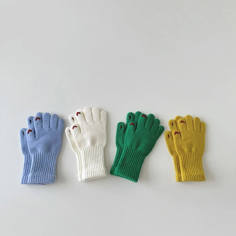 Winter Warme Kinder Lange Handschuhe Solide Wolle Fünf Finger Handschuh Gestickte Liebe Gestrickte Fäustlinge 4-8year Kinder Touchscreen Handschuhe – Detail 1