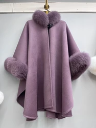 Natural Real Winter Fur Fox Fur Collar Coat Long Cashmere Wool Woolen Women Jacket Luxury Outwear Ladies Female Coat