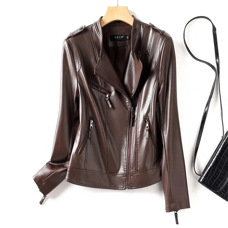 แจ็คเก็ตหนังสตรีทแวร์ปี 2025 เสื้อโค้ทสั้นผู้หญิง ฤดูใบไม้ผลิ ฤดูใบไม้ร่วง ซิปคอตั้งทรงเข้ารูป เสื้อแจ็คเก็ตหนัง PU สไตล์โมโต