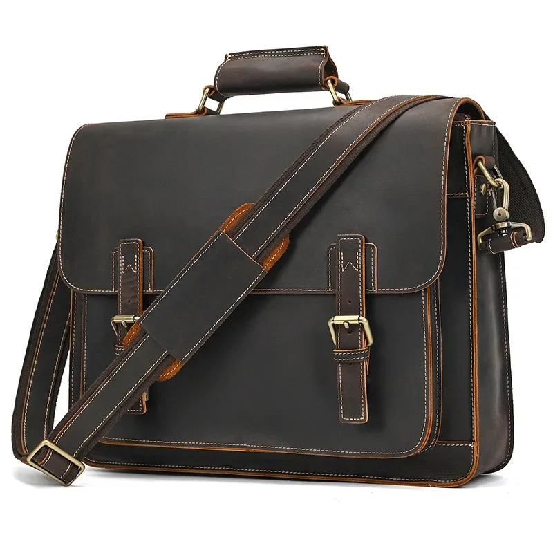 Vintage Leather Briefcase for Men with Lock Buckle, Shoulder Strap and Laptop Compartment