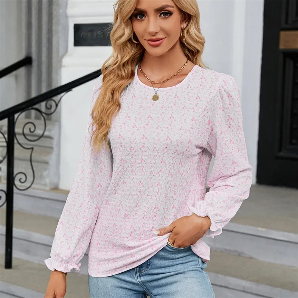 Women's Shirts & Blouses for Women Elegant Tops Green Pink O Neck Long Sleeve Korean Popular Clothes Woman Blouse Trend Clothing