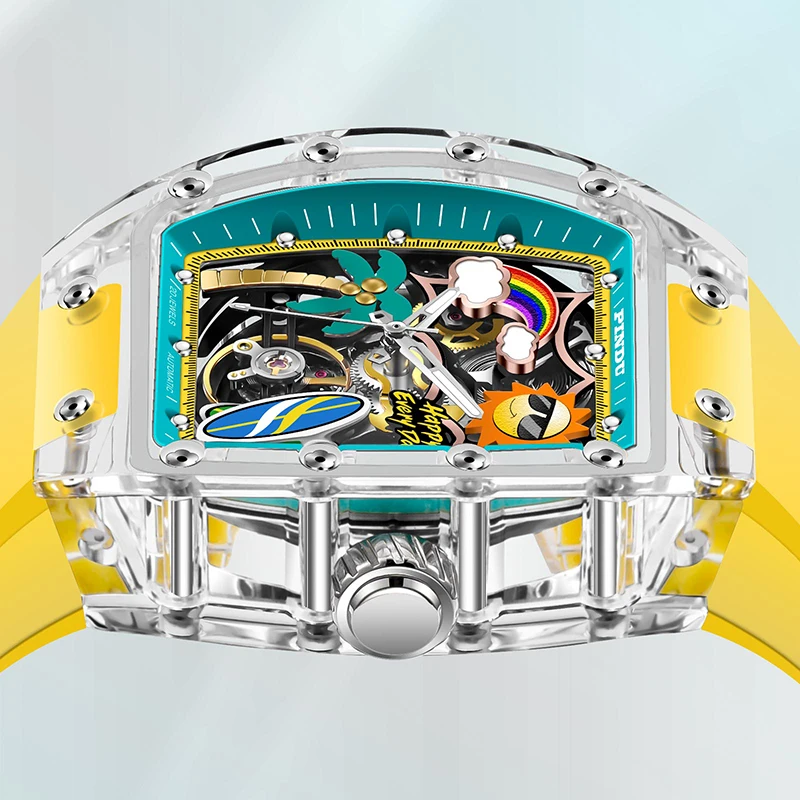 PINDU الأصلي الصيف الشاطئ موضة الرجال الساعات سيليكون حزام مقاوم للماء مضيئة الإبداعية الهاتفي العلامة التجارية الأعلى ساعة ميكانيكية الرجال