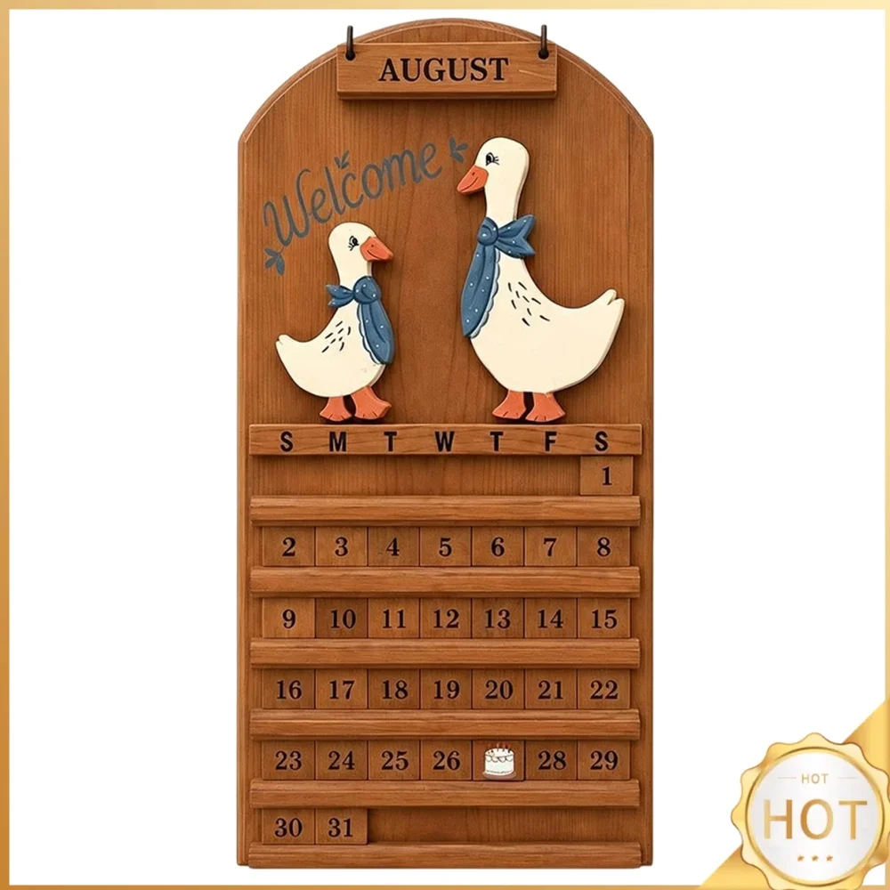 Goose Welcome Wooden Farmhouse Perpetual Wall Calendar Rustic Monthly Date Adjustable Hanging Decor