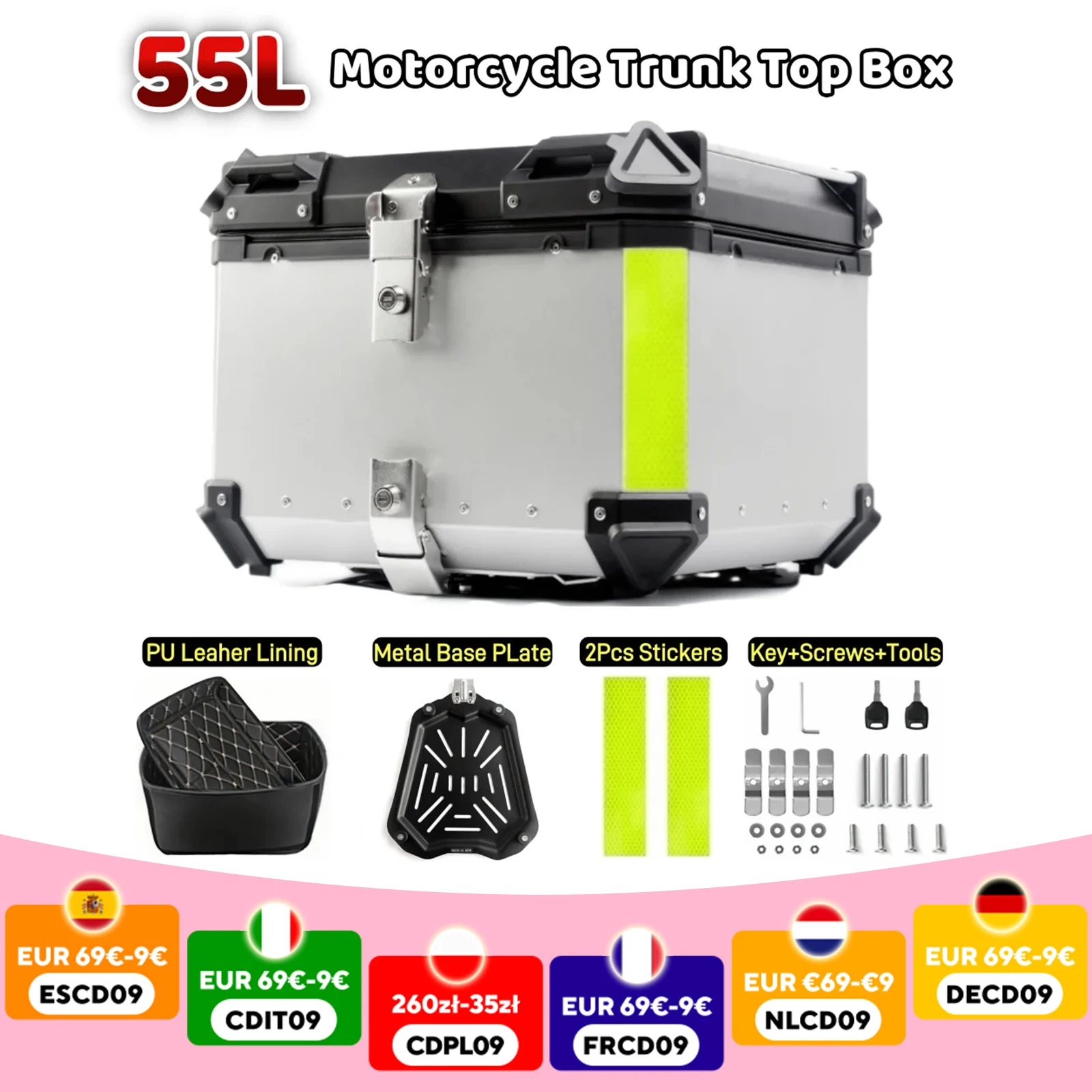 Boîte supérieure de moto universelle en aluminium 55l, coffre de moto, boîte de casque, boîte arrière de moto étanche, étuis de rangement de bagages