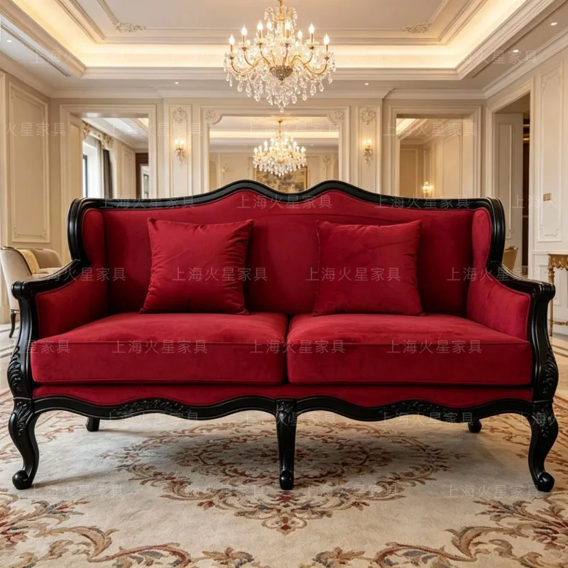 American country solid wood carving flower sofa French model room sofa double hotel clubhouse reception image sofa