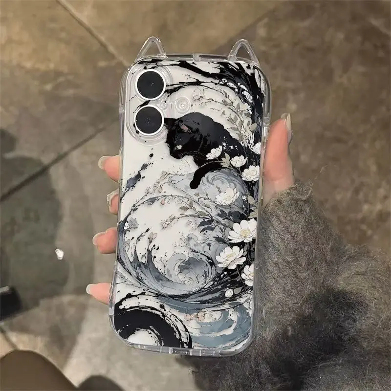 

Чехол для телефона с рисунком черного кота для iPhone 17, 16, 15, 14, 13, 12, 11 Pro Max XR XS MAX 7, 8 PLUS INS, прозрачный чехол с кошачьими ушками
