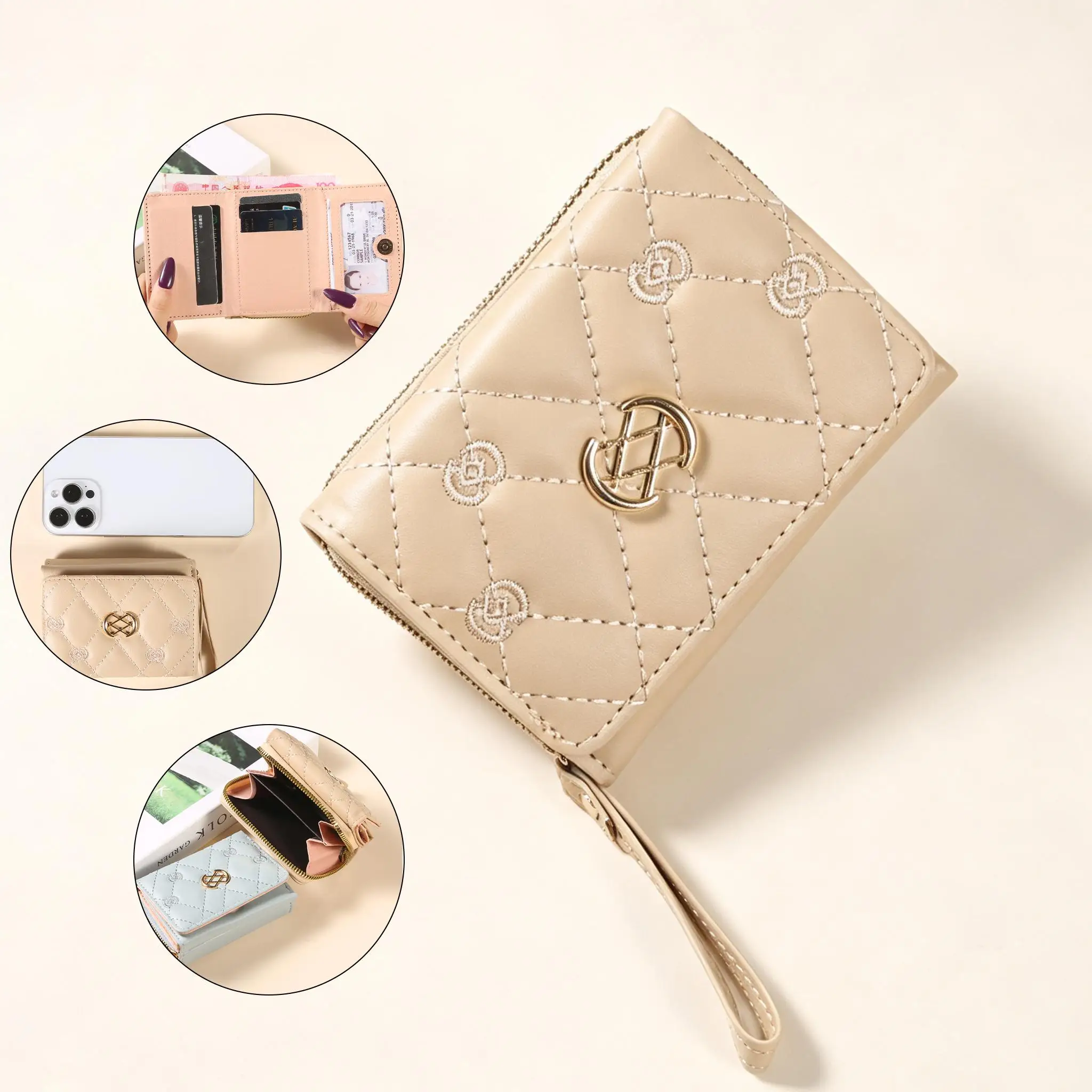 Women Trifold PU Short Wallet Quilted Diamond Embroidery Zipper Coin Purse Multi Card Slots Mini Wrist Strap Ladies Purse