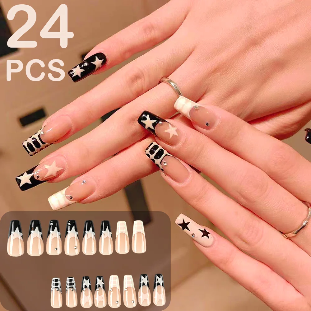 

24Pcs Y2K Long Coffin Press On Nails Sweet Cool Girl Women False Nails Simple Star Spot Diamond Detachable Winter Nail Tips