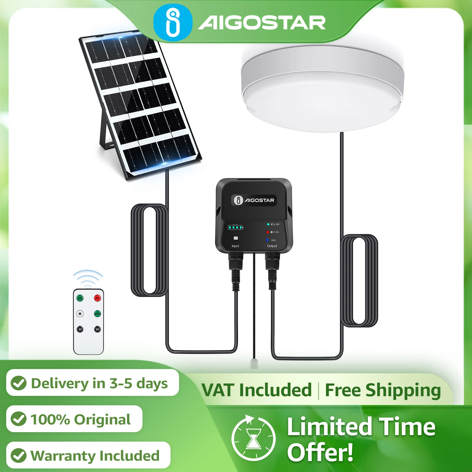 Aigostar Plafón LED Techo Solar 35W | Caja de Energía, Mando a Distancia IP65 | Cable 8m, Luz Ajustable