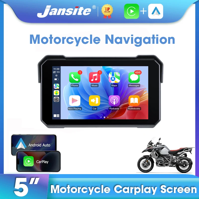 

Jansite 5-inch Carplay Screen For Motorcycle Radio Player Navigation GPS Wireless Android auto Motorbike Dual Helmet Bluetooth