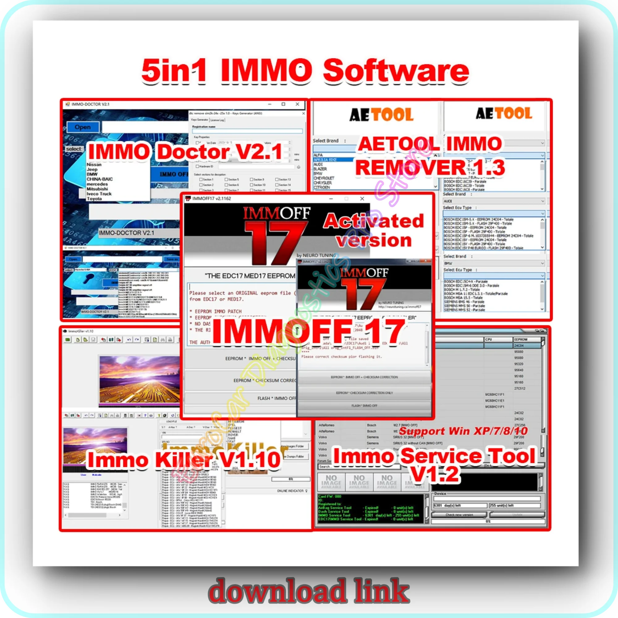 

5 in 1 Immo Car Software IMMOFF 17 Immo off 17 Immo Doctor V2.1 AETOOL IMMO REMOVER 1.3 ImmoKiller V1.10 IMMO SERVICE TOOL V1.2