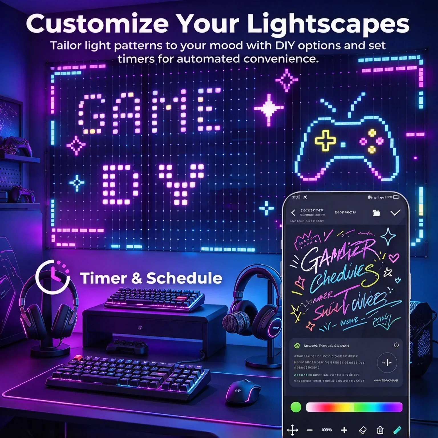 LED Christmas Curtain Light Holiday Fairy Lamp App Control Music Sync DIY Pattern for Indoor Outdoor Party Festival Home Decor
