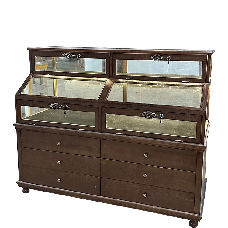 Medieval solid wood jade jadeite display cabinet table retro glass display rack American jewelry display cabinet customization