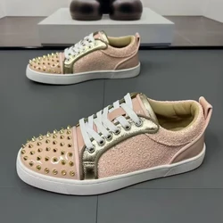 men's fashion rivets shoes pink cow suede leather flat shoe brand designer snakers punk hip hop dress youth stylish footwear man