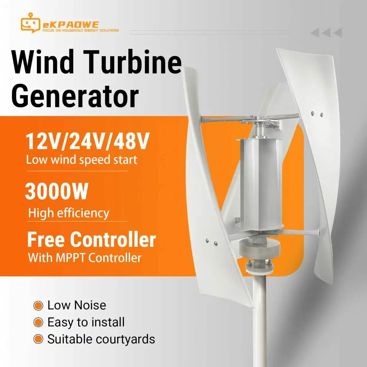 Vertikale Windturbine 3000W 12V 24V 48V Off-Grid-System Kostenlose MPPT-Stromversorgung kombiniert mit Wind-Solar-Hybrid-Steuerung
