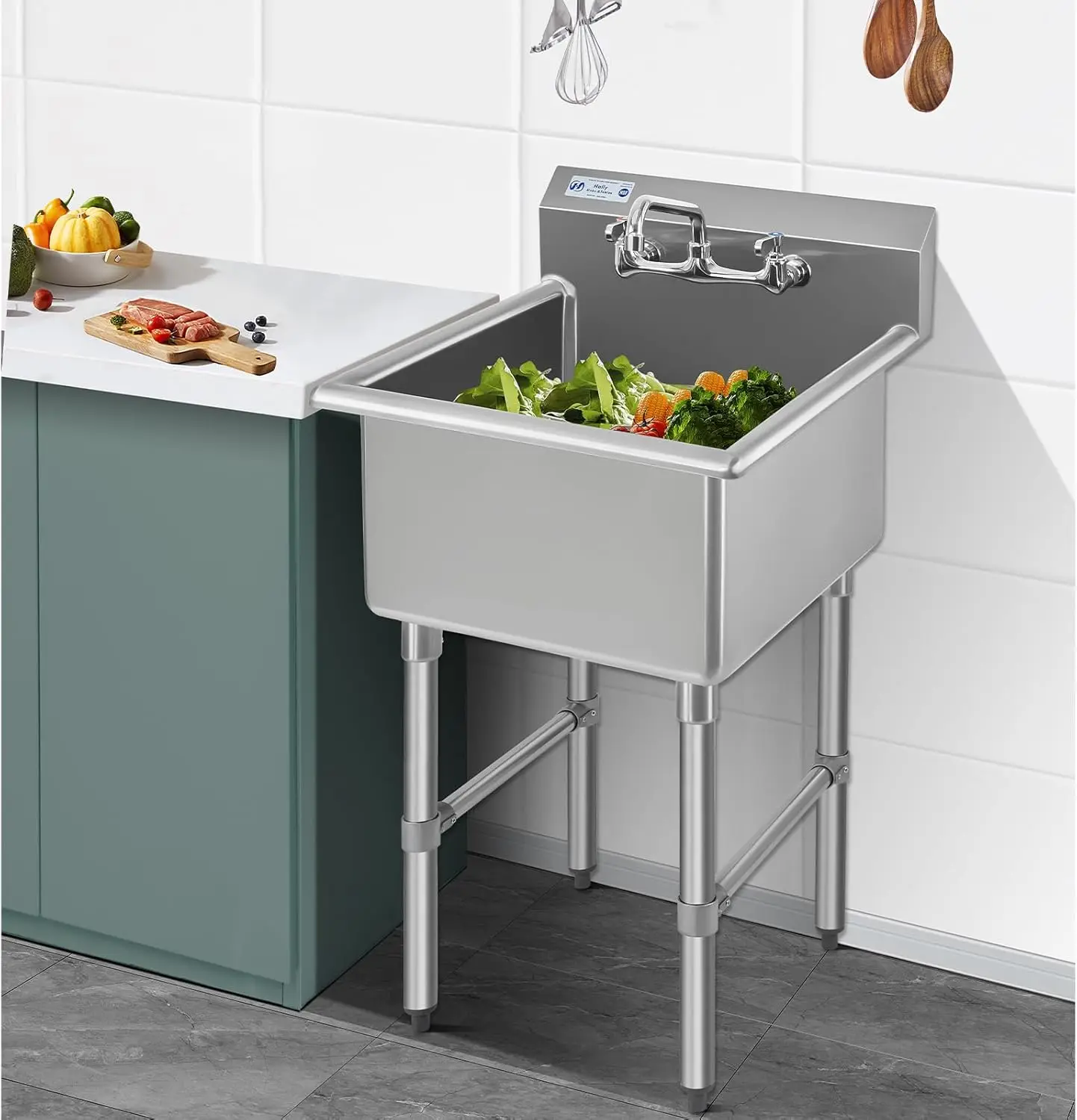 

Commercial Stainless Steel Sink 1 Compartment NSF Prep Utility Sink with 8" Faucet 24" L x 24" W x 12" D Bowl for Hotel and Home