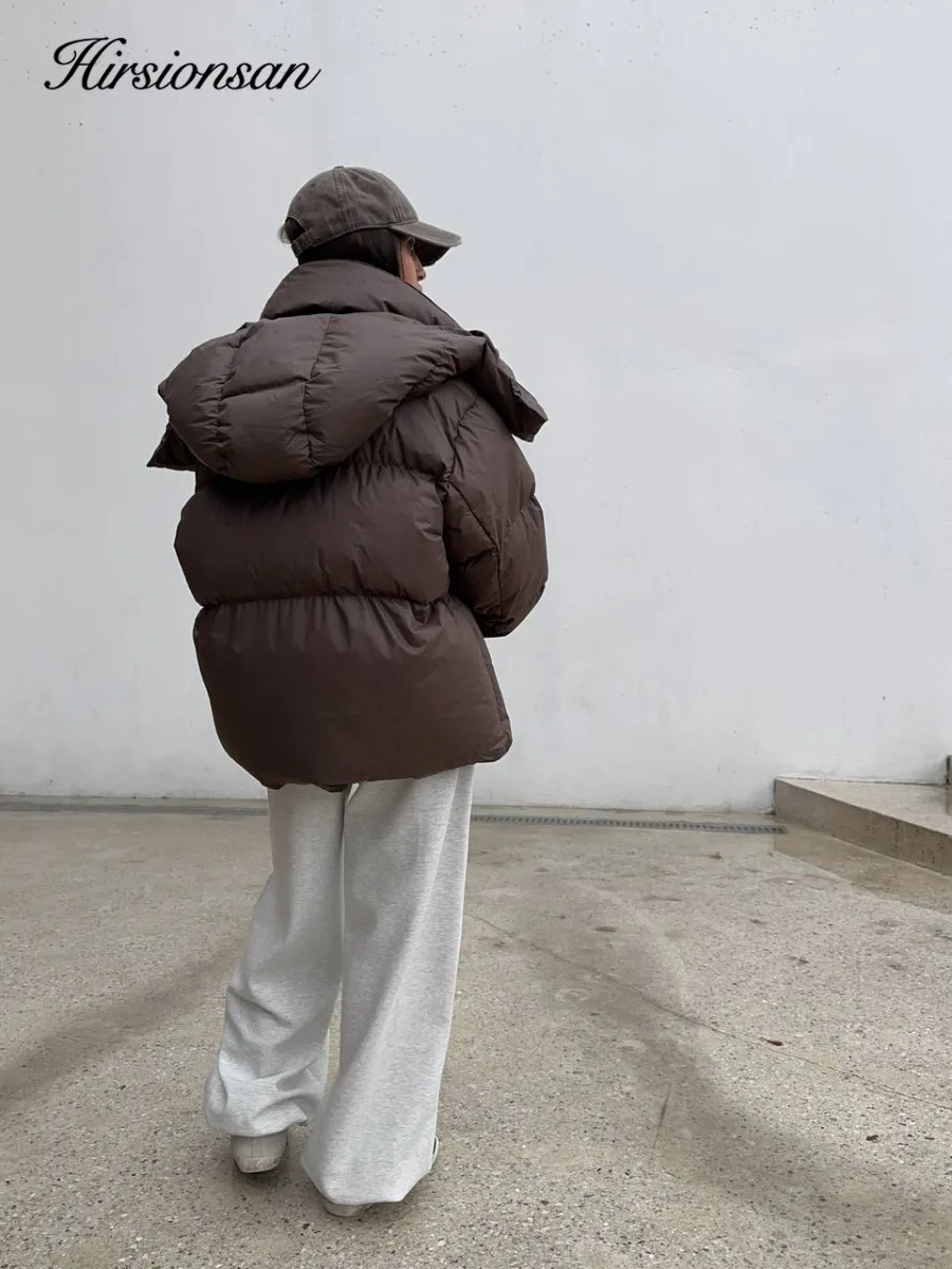 سترة Hirsionsan 2025 كاجوال لتنحيف الخصر مع غطاء للرأس متوسطة قصيرة من القطن للخبز سترة نسائية من القطن السميك باللون البني #5