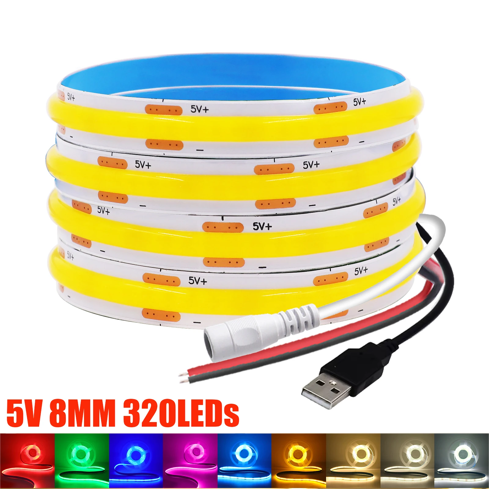 

DC 5V USB LED COB Strip 8MM 320LEDs Гибкая светодиодная лента с клейкой лентой DC/2Pin Кабель ТВ Фон Шкаф Свет