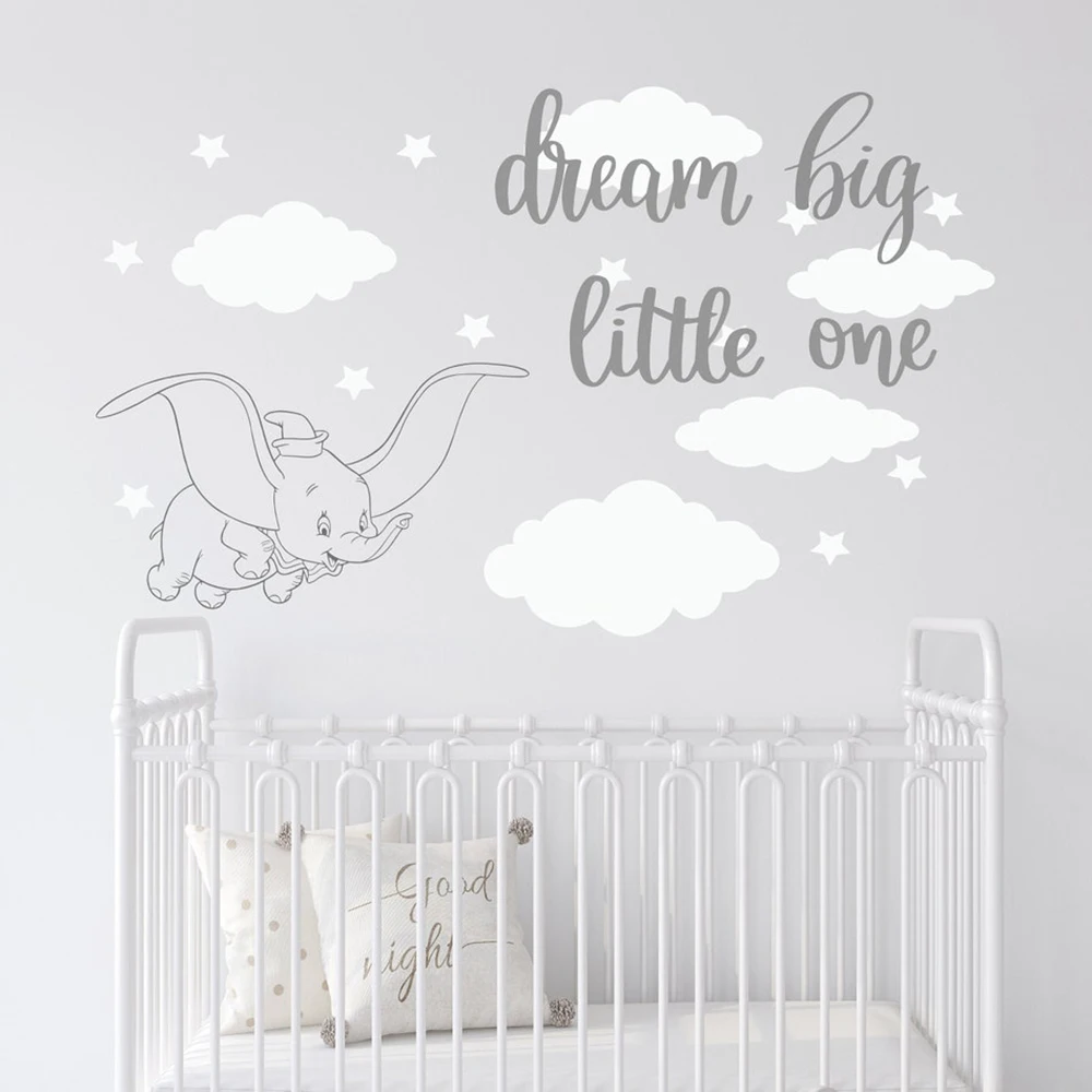 Cartoon Dumbo Dream Big Little One Star Wall Sticker Baby Nursery Kids Room Elephant Inspirational Cloud Wall Decal